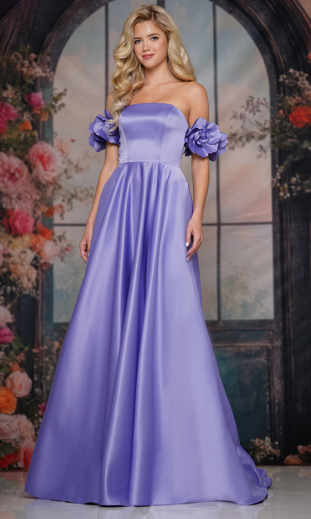 Colors Dress 3744 - Straight Neckline Floral Sleeve Gown