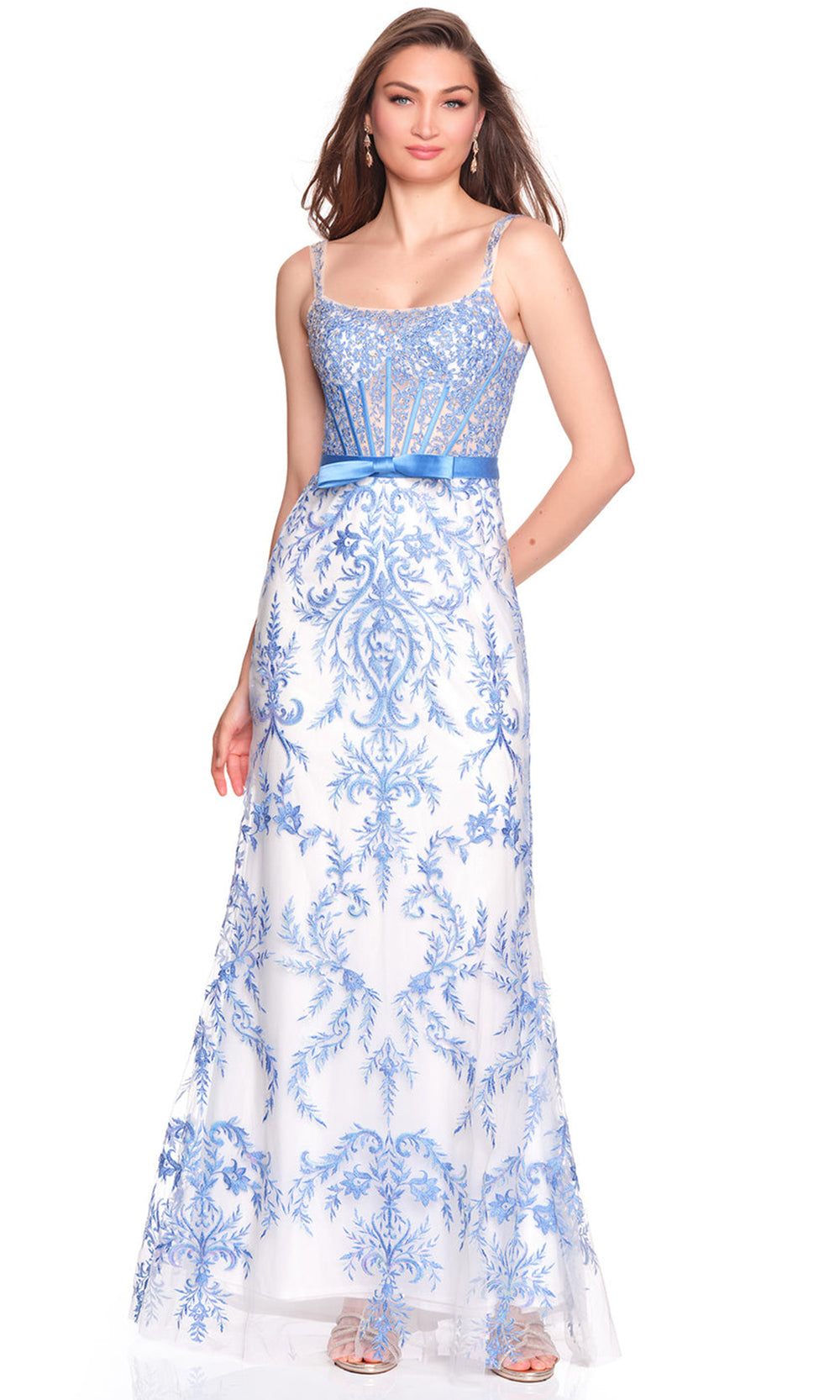Dave & Johnny 12758 - Floral Embroidered Sheath Sleeveless Gown