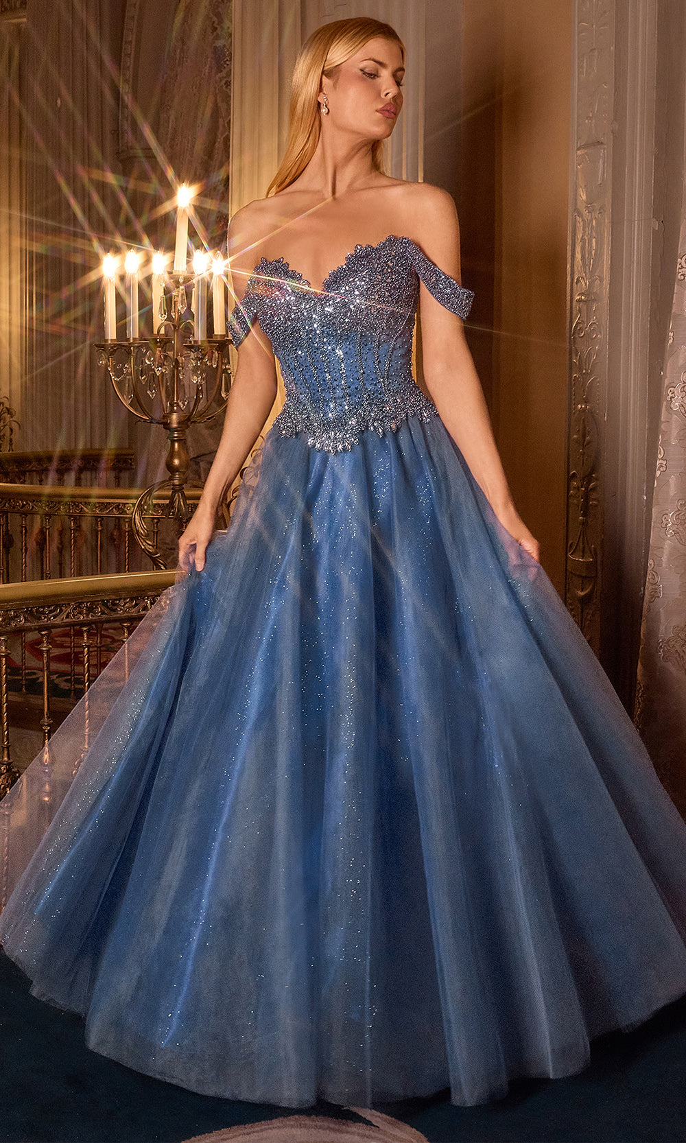 Ladivine CC471 - Beaded Top Off-Shoulder Evening Gown