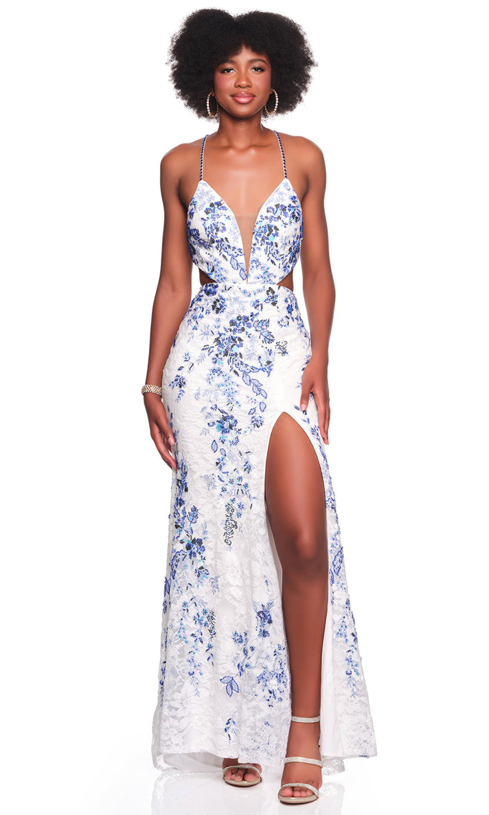 Dave & Johnny 12878 - Floral Lace Beaded Plunging Prom Dress