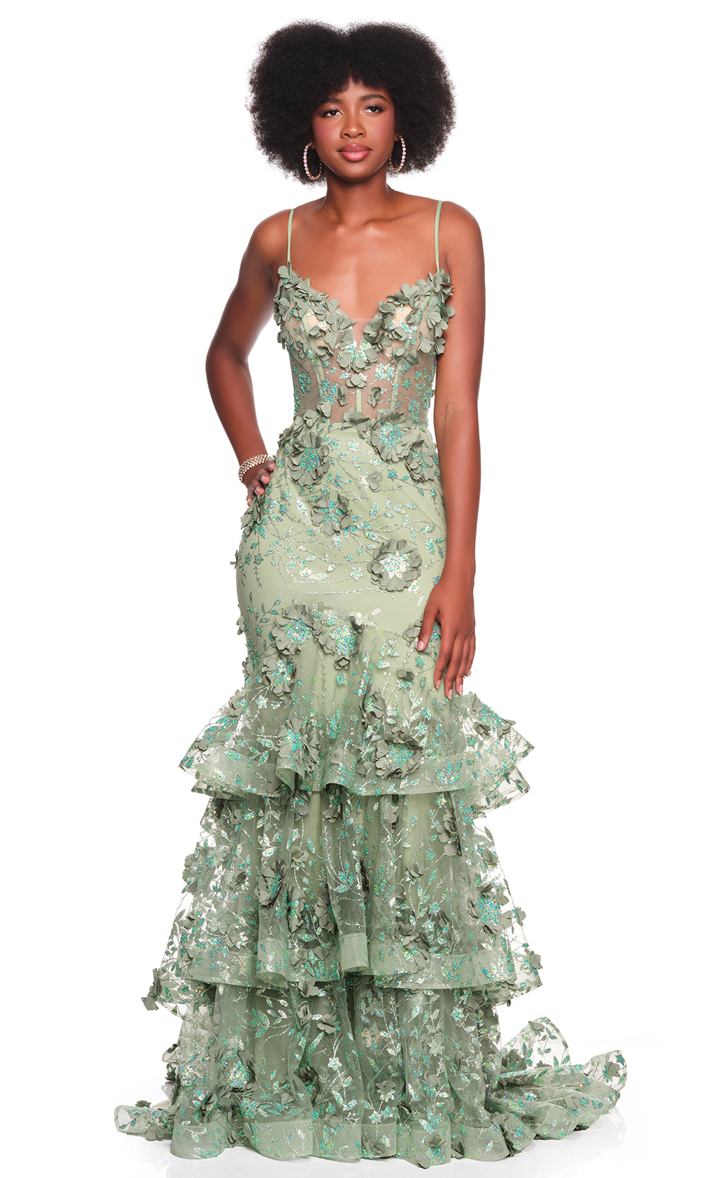 Dave & Johnny 12379 - Floral Applique Mermaid Tiered Dress