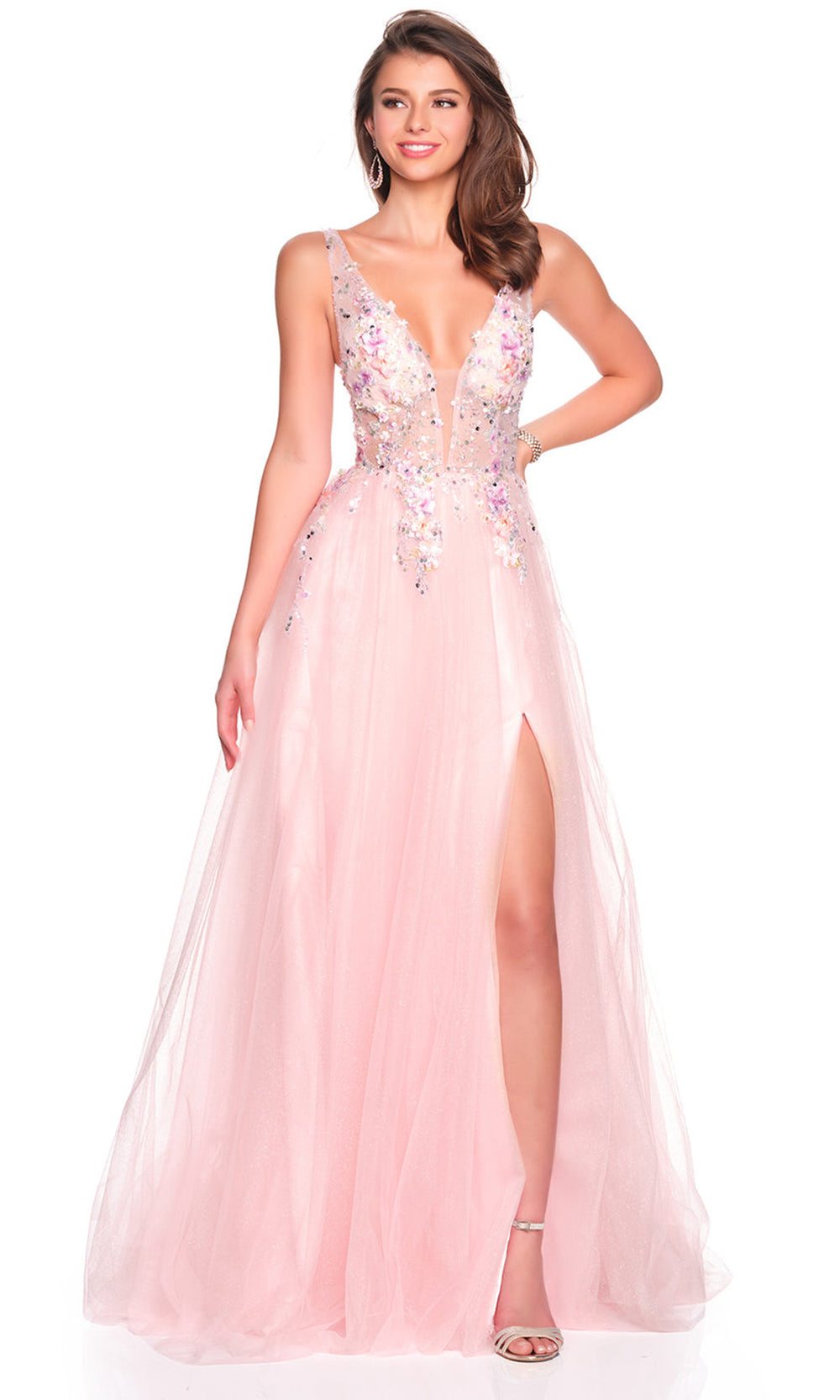 Dave & Johnny 12591 - Plunging Floral Embellished Prom Gown