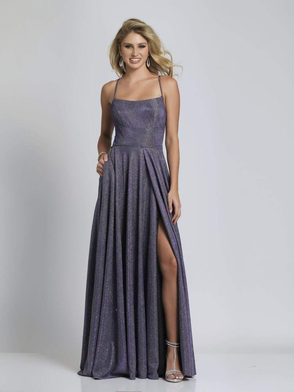 Dave & Johnny - Scoop Neck Spaghetti Strap Glitter Knit A-Line Dress with Slit A6933