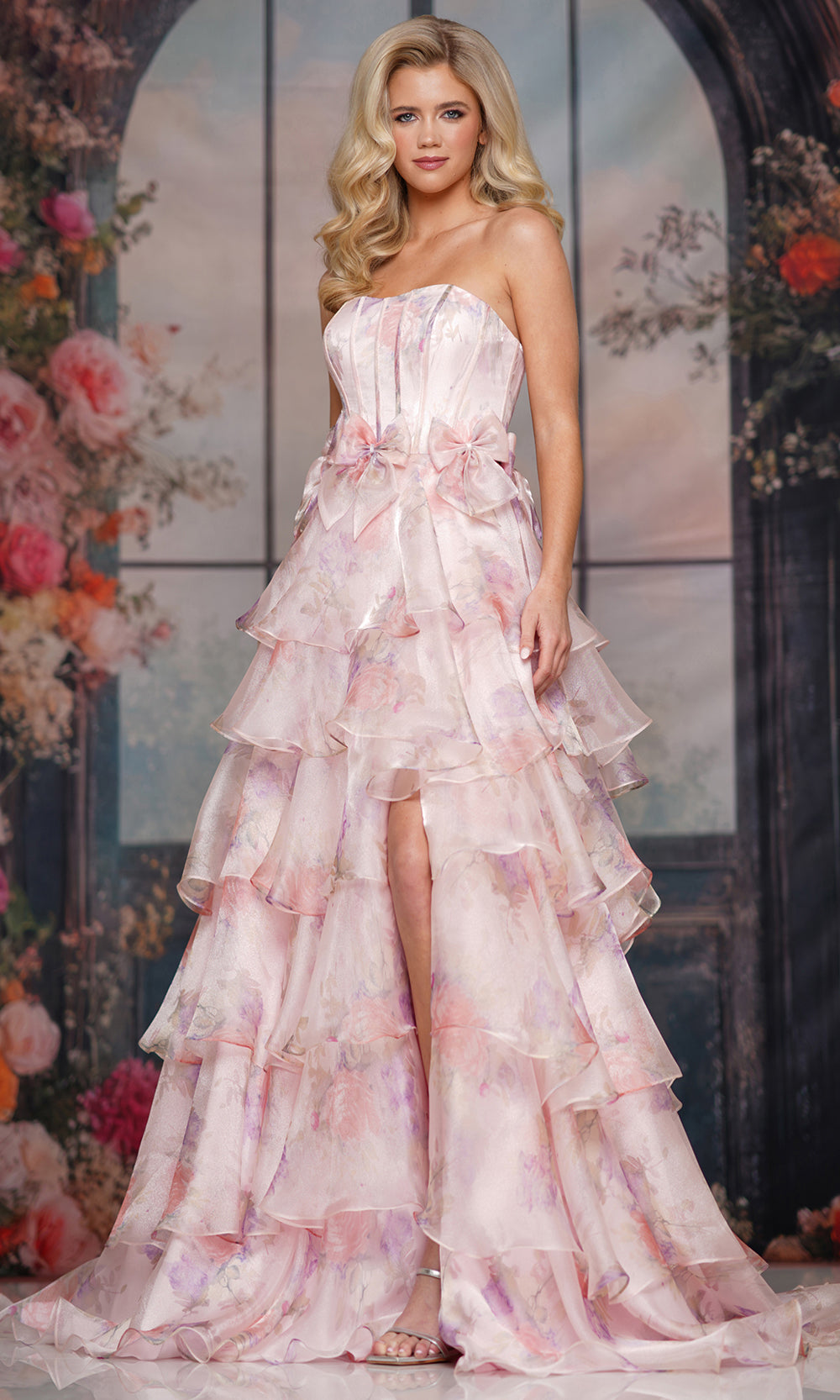 Colors Dress 3809 - Floral Print Tiered A-line Gown