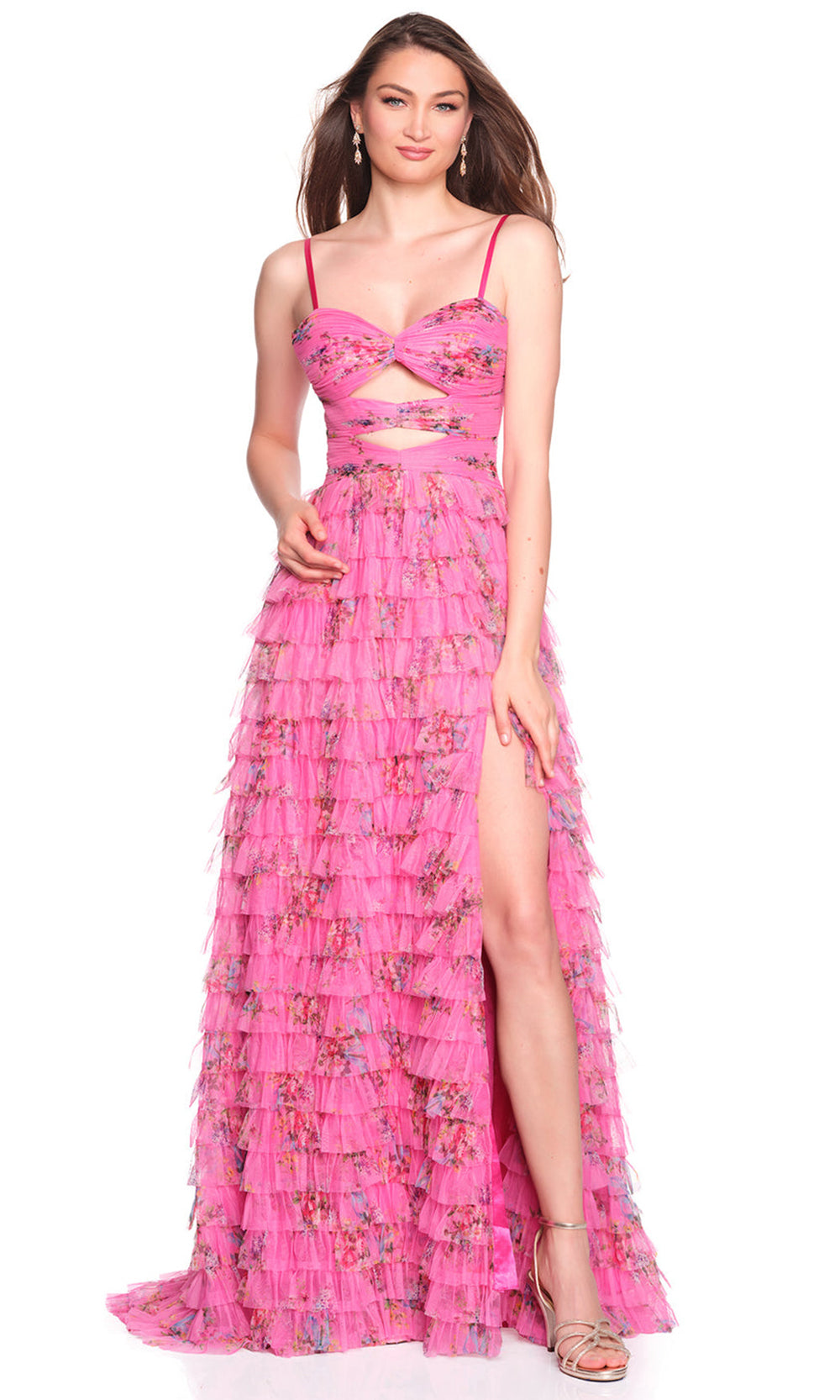 Dave & Johnny 12685 - Multi-Tiered Floral Print Sleeveless Gown