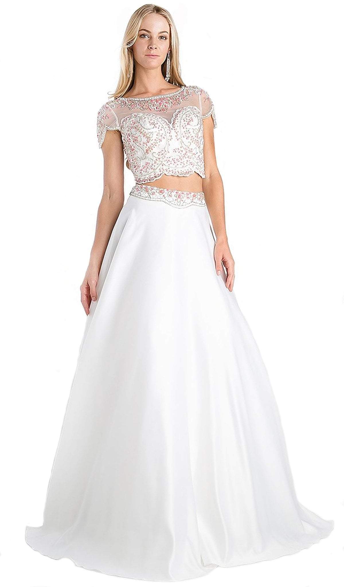 Cinderella Divine - Lace Cap Sleeve Two-Piece Satin A-line Evening Gown