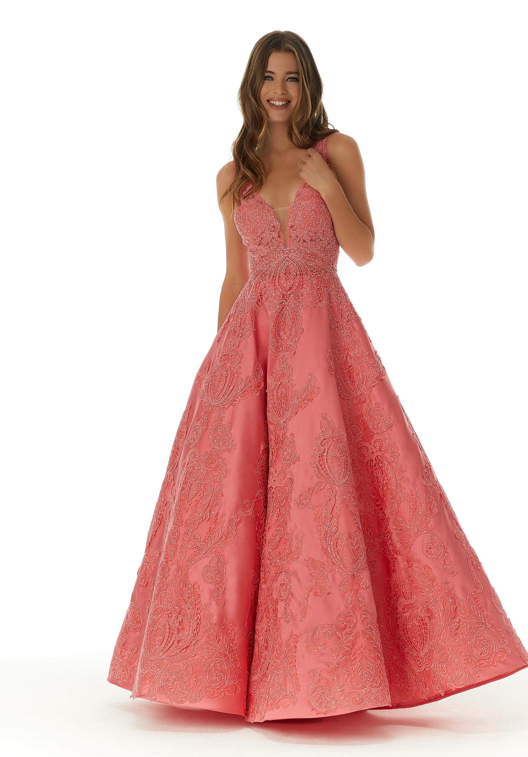 Mori Lee - 43089 Sleeveless V Neck Beaded Lace Appliques Satin Gown