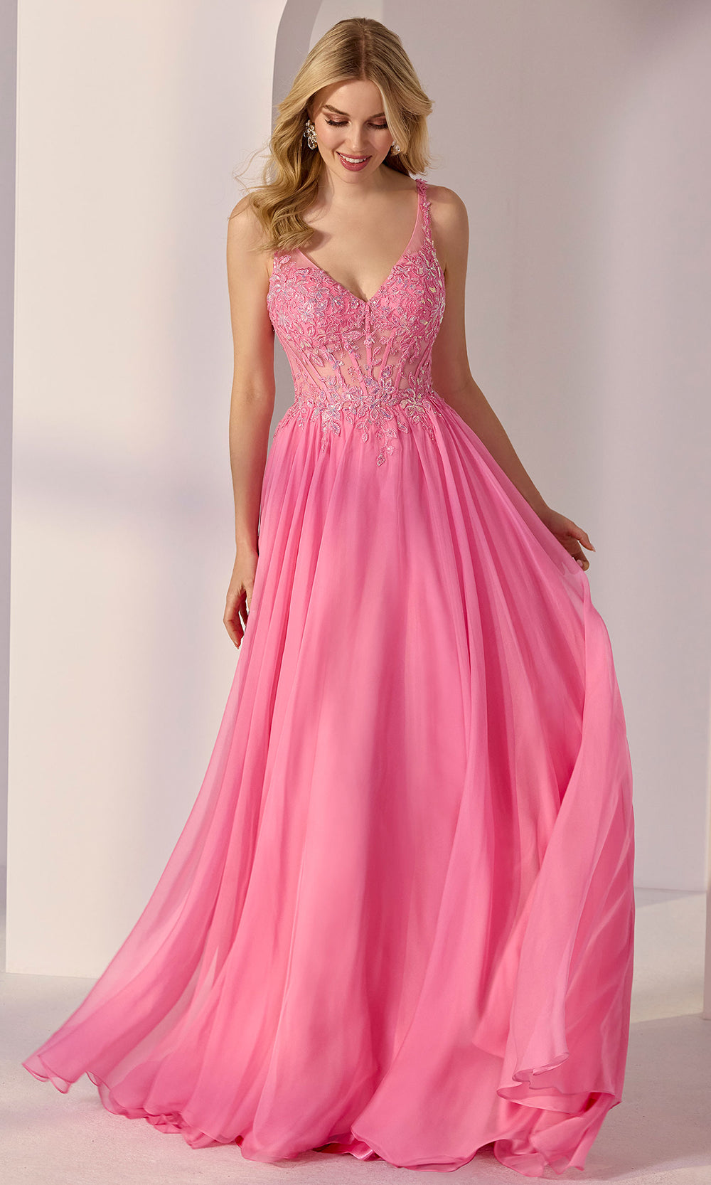 Mori Lee 49250 - Floral Applique Chiffon Flowy Prom Gown