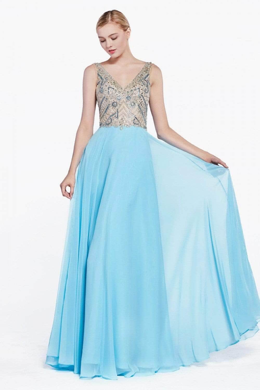 Ladivine 71190 - Sheer Long Bell Sleeves Beaded Chiffon Long Gown