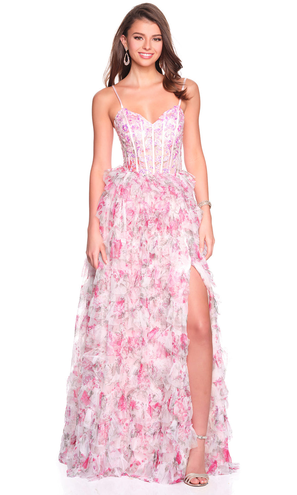 Dave & Johnny 12526 - Floral Print Ruffle Skirt Prom Gown