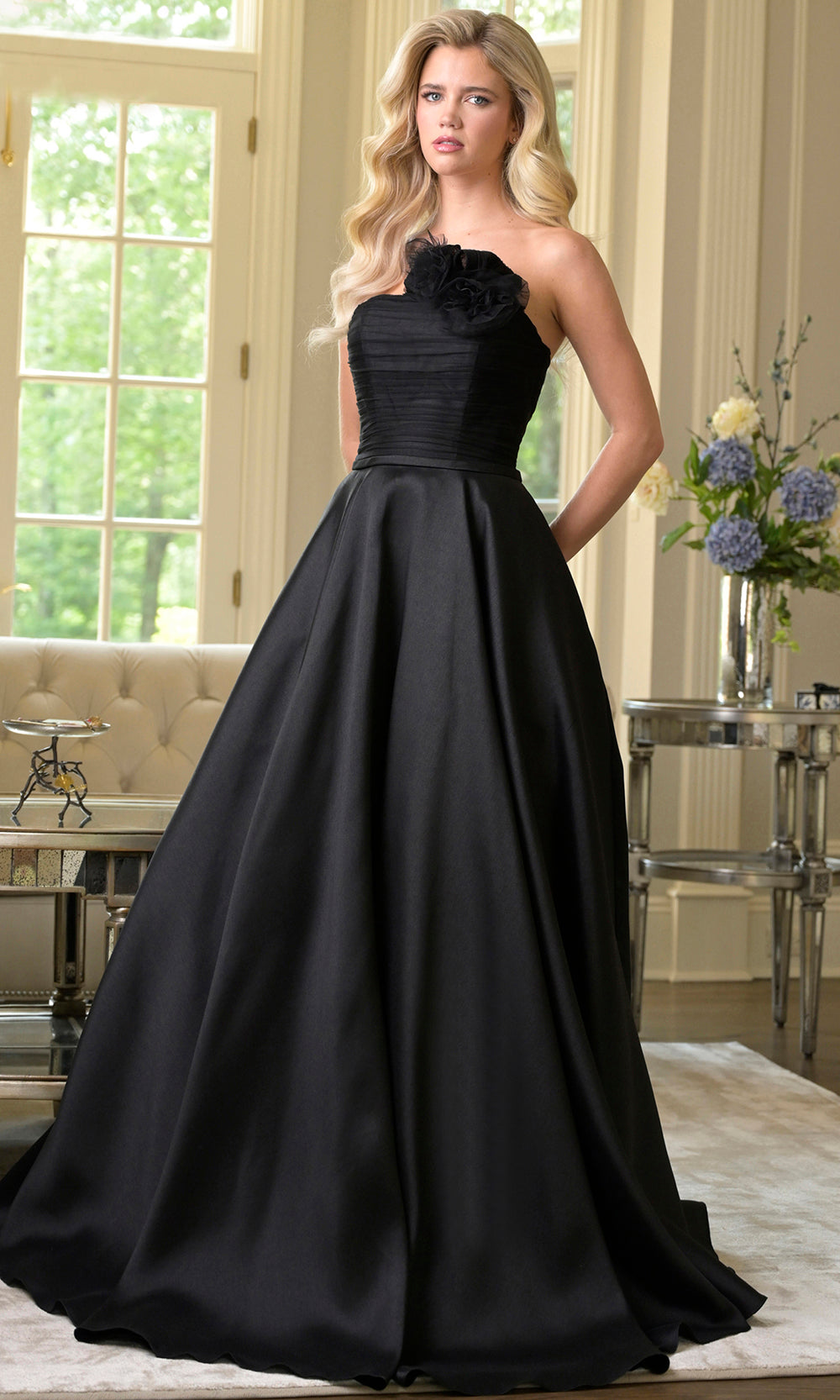 Colors Dress 3737 - Floral Accent Ruched A-line Gown