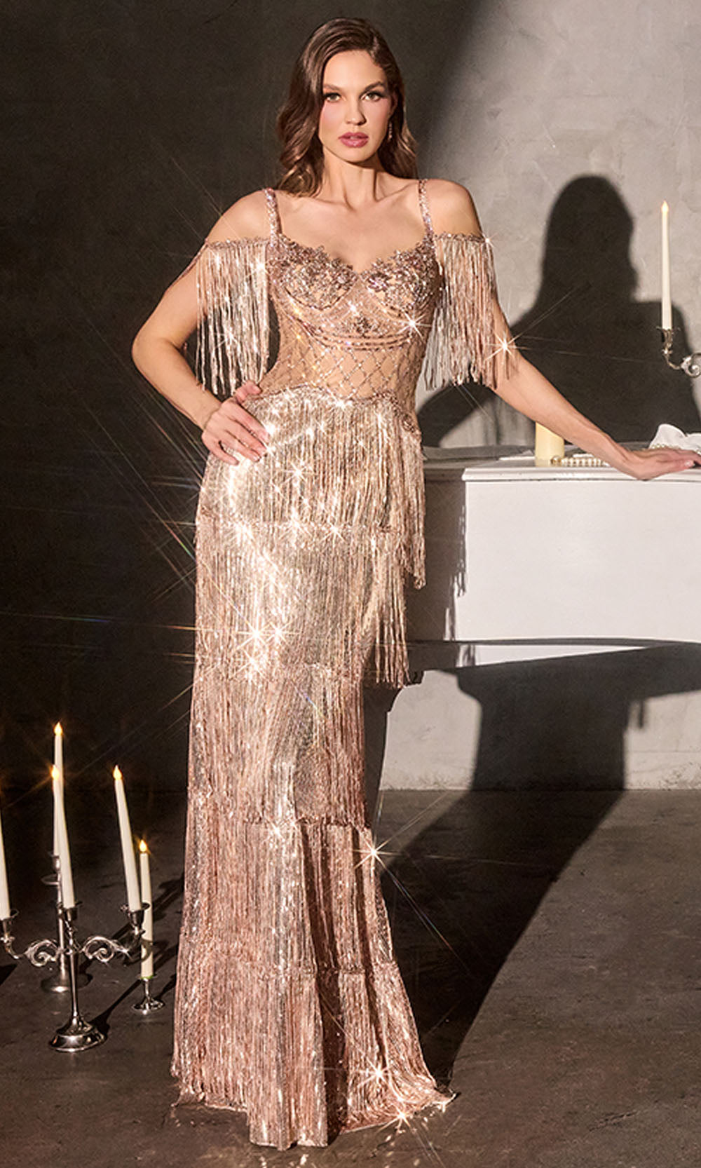 Ladivine CDS563 - Off Shoulder Fringe Beaded Evening Gown