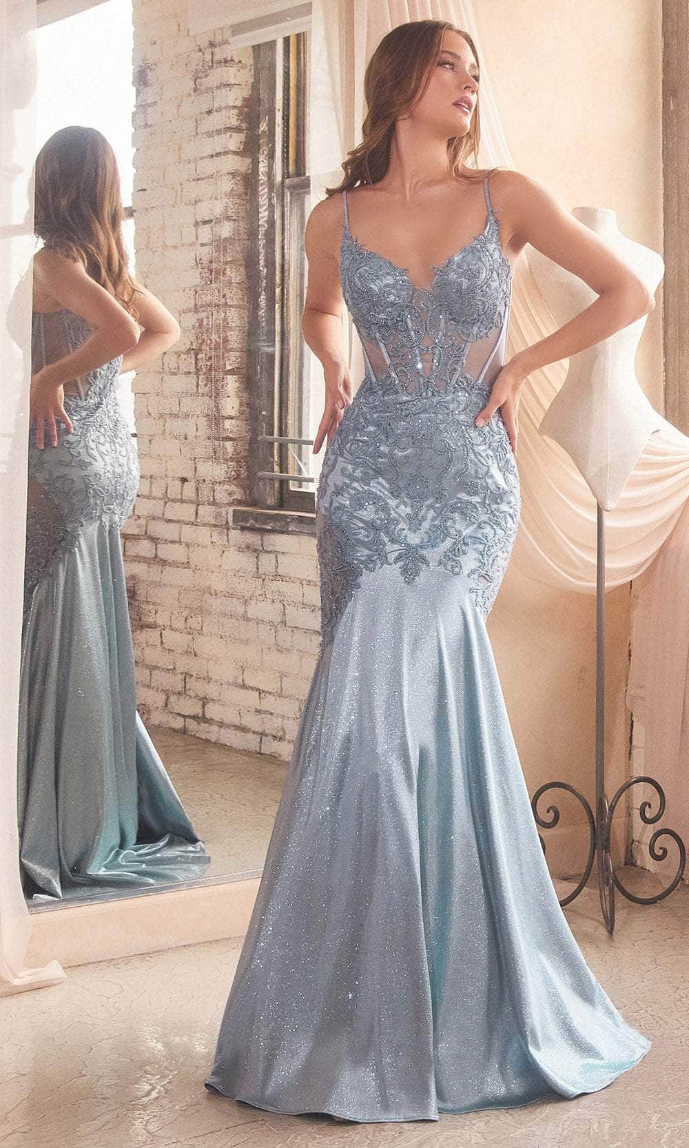Ladivine CDS470 - Beaded Appliqued Illusion Evening Gown