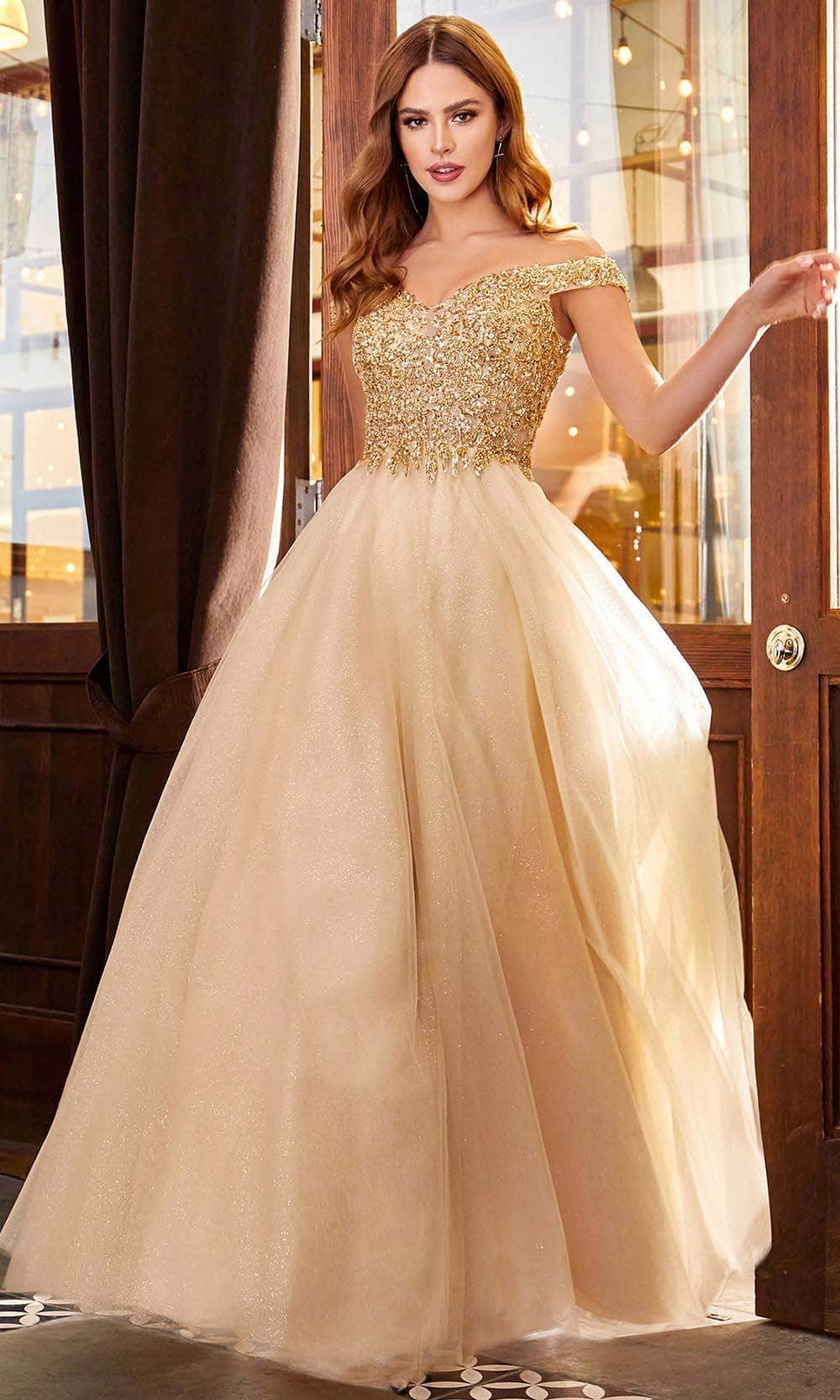 Ladivine CD0177 - Metallic Lace Appliqued Glitter A-Line Gown