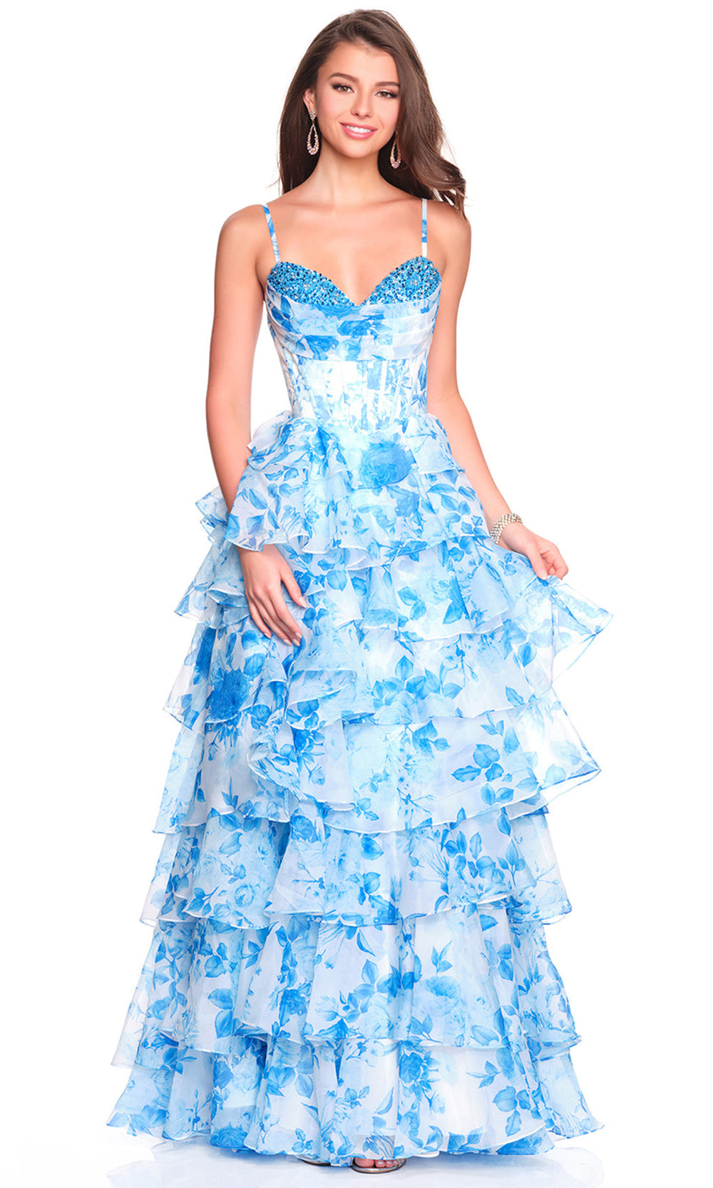 Dave & Johnny 12809 - Beaded Bust Floral Ruffle A-Line Gown