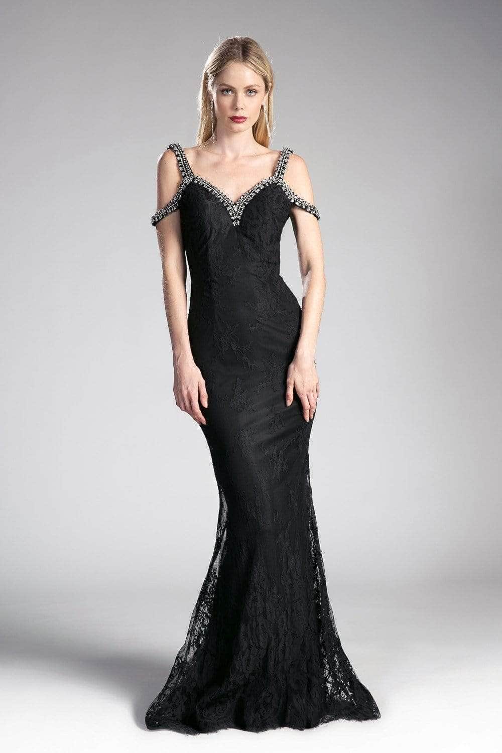 Cinderella Divine 13112A - Embellished Strappy V-neck Lace Fitted Dress