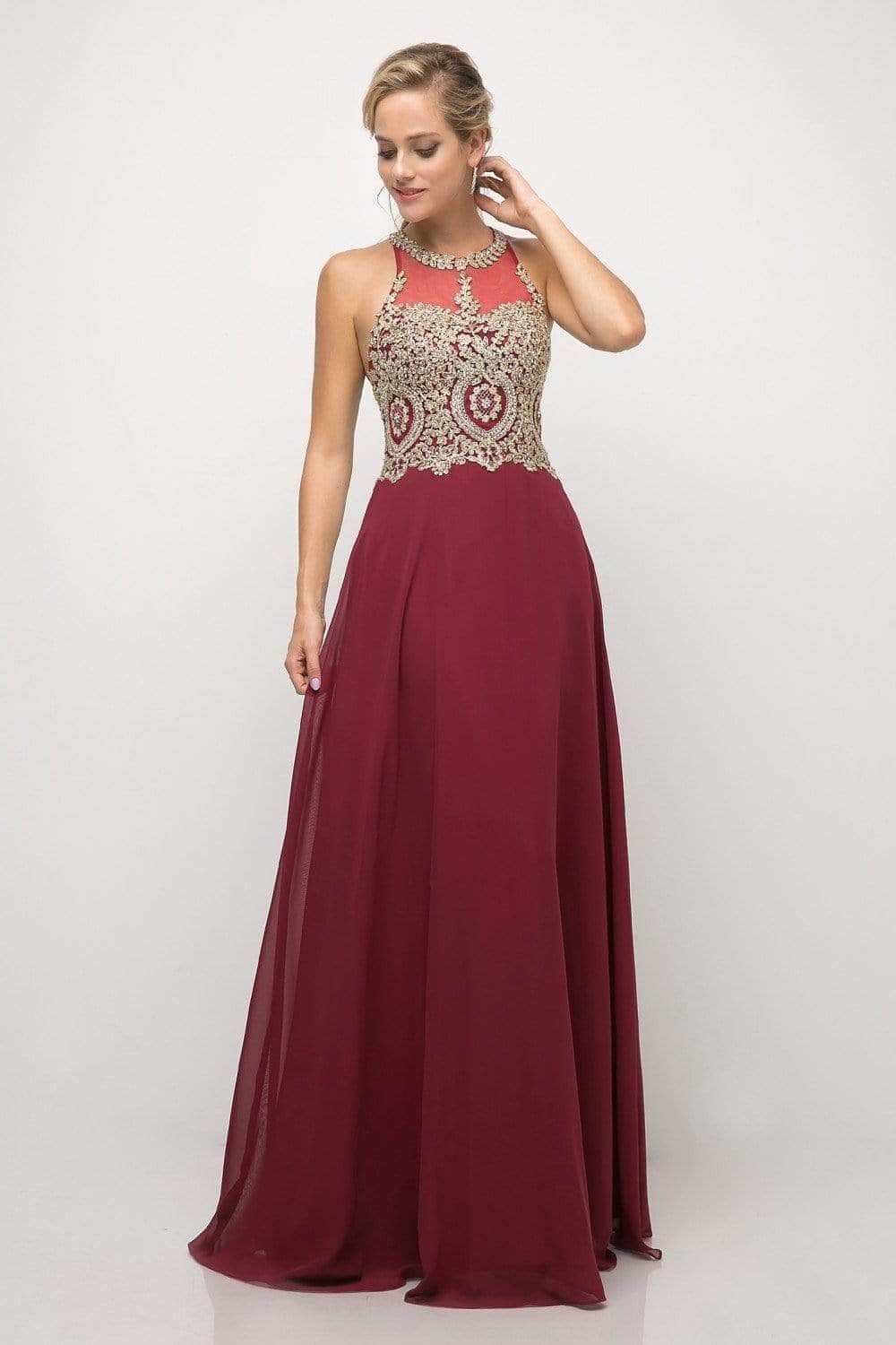 Ladivine UJ0120 - Illusion Jewel Tonal Appliqued Chiffon Gown