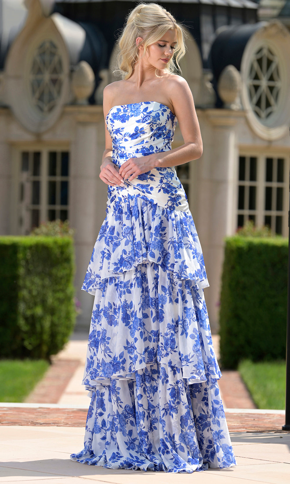 Colors Dress 3888 - Strapless Tiered Ruffle Floral Gown