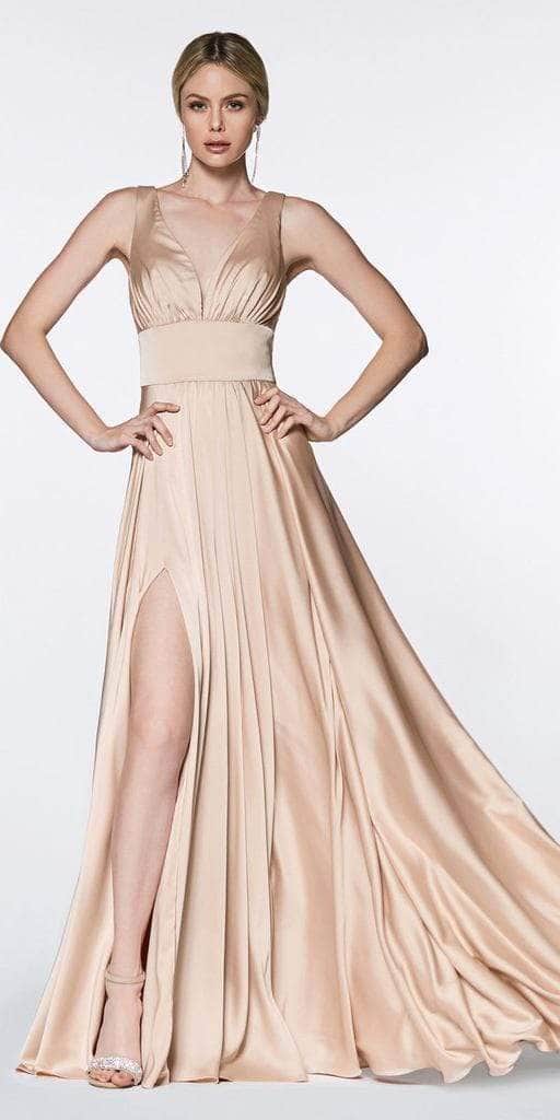 Sleeveless V Neck High Slit Satin Gown