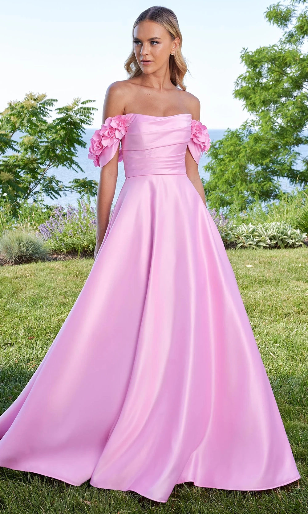 Mori Lee 49322 - Detachable Floral Sleeve Satin A-Line Gown