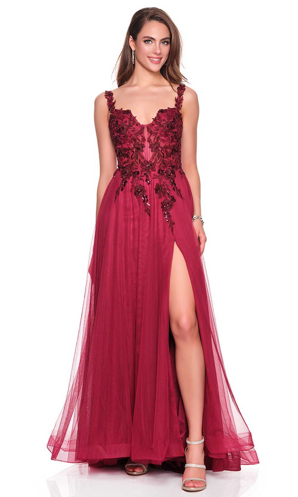 Dave & Johnny 12808 - Embroidered Floral Tulle Ballgown with Slit
