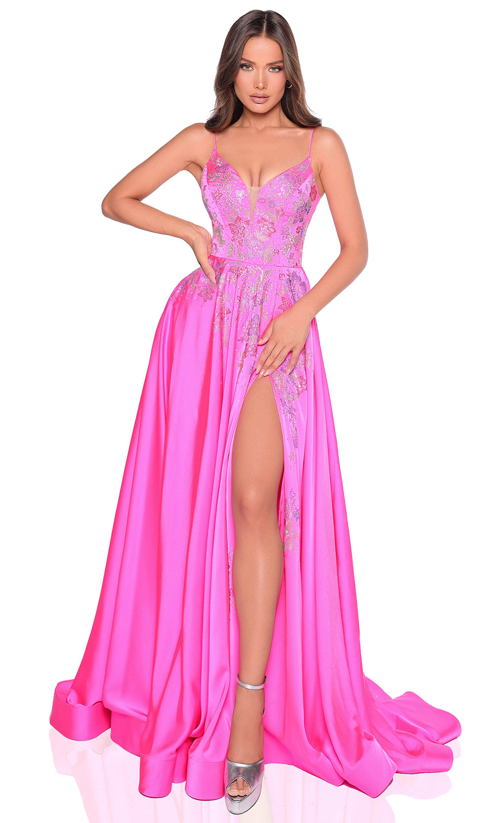 Amarra 88354 - Plunging V-Neck Satin Gown with Slit