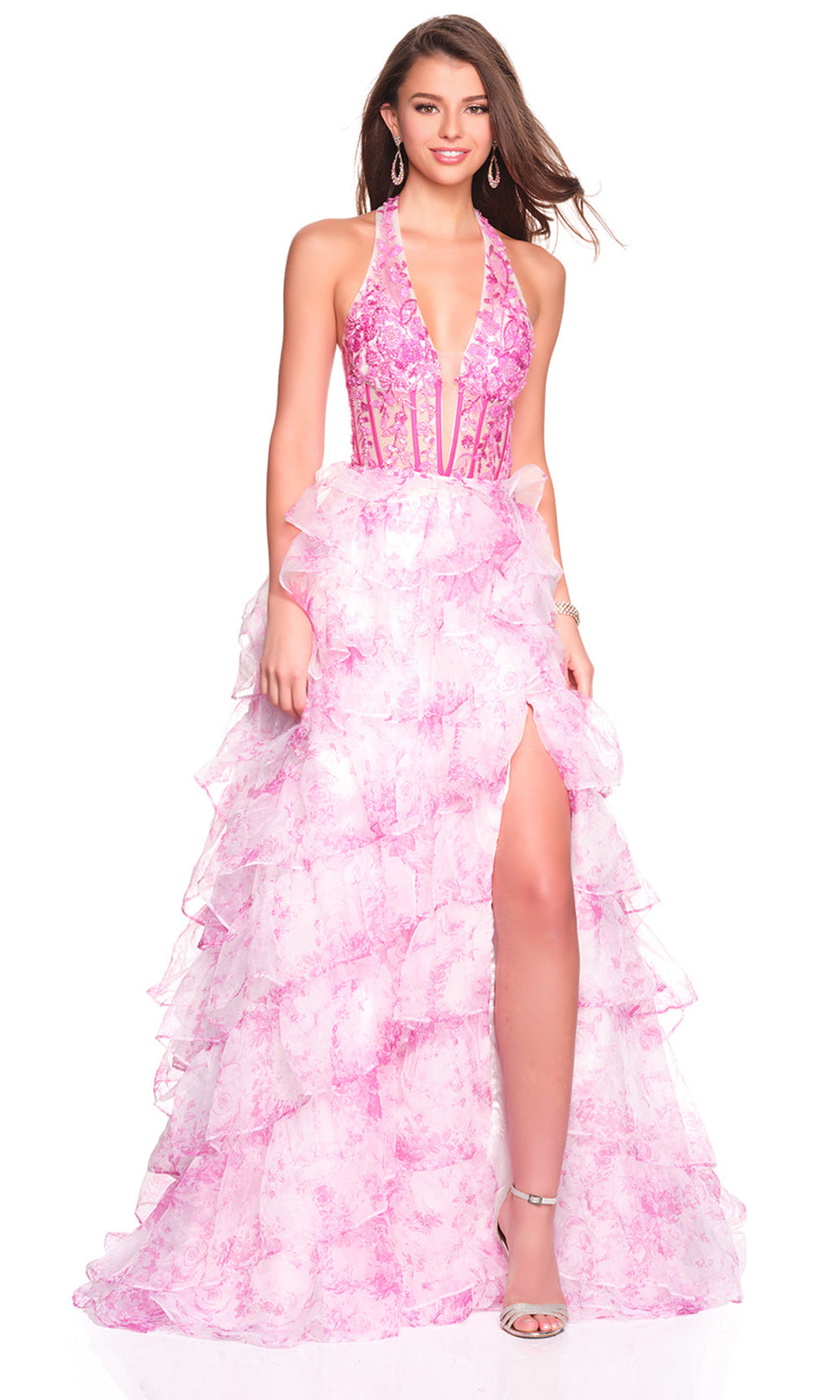 Dave & Johnny 12766 - Plunging Halter Floral Ruffled Gown