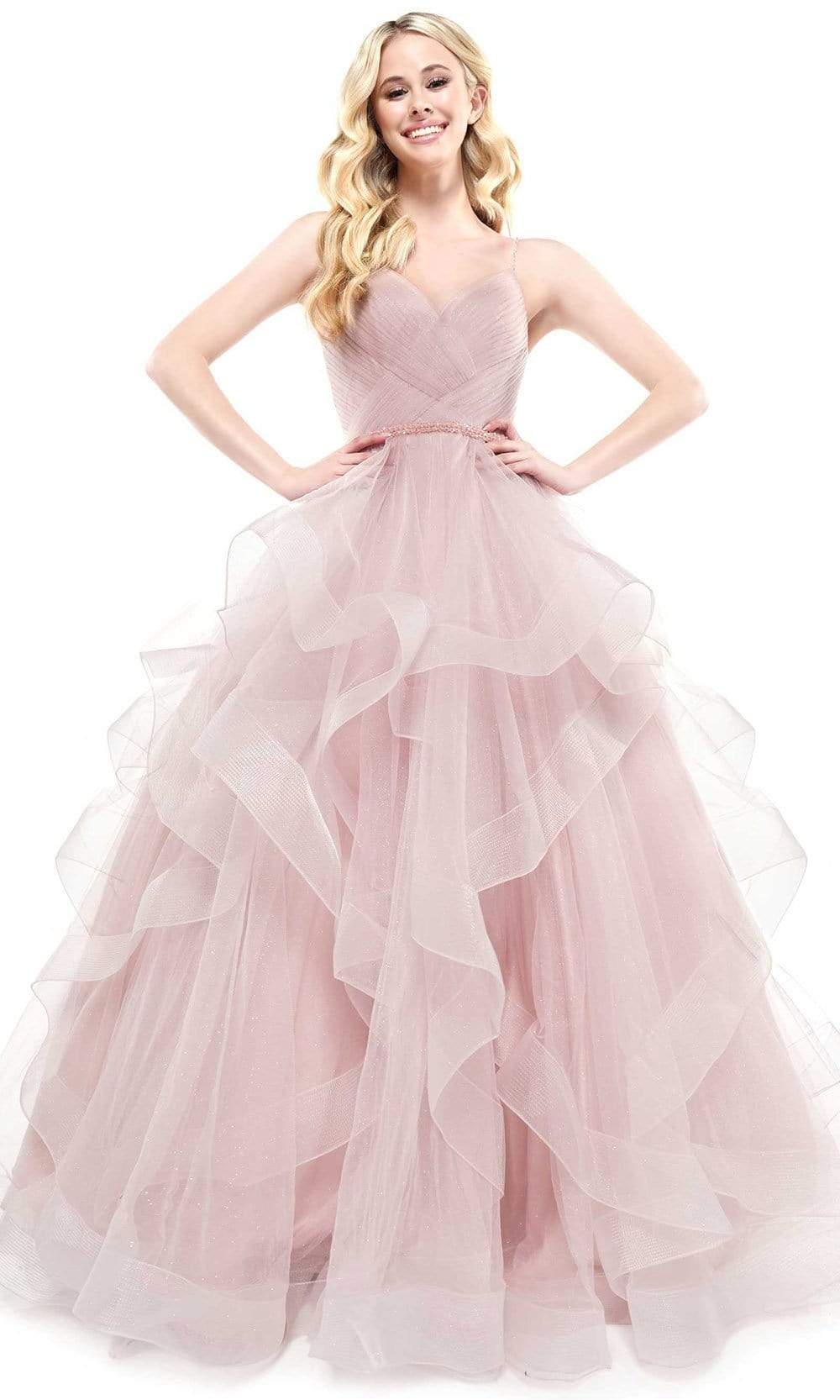 Colors Dress - 2381 V Neck Glitter Mesh Ballgown