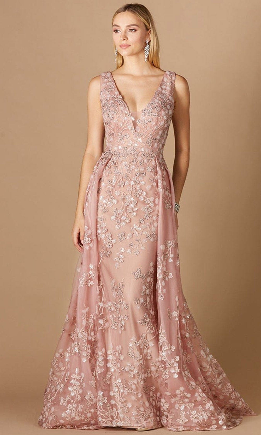 Lara Dresses 29324 - Embroidered V-neck Long Gown