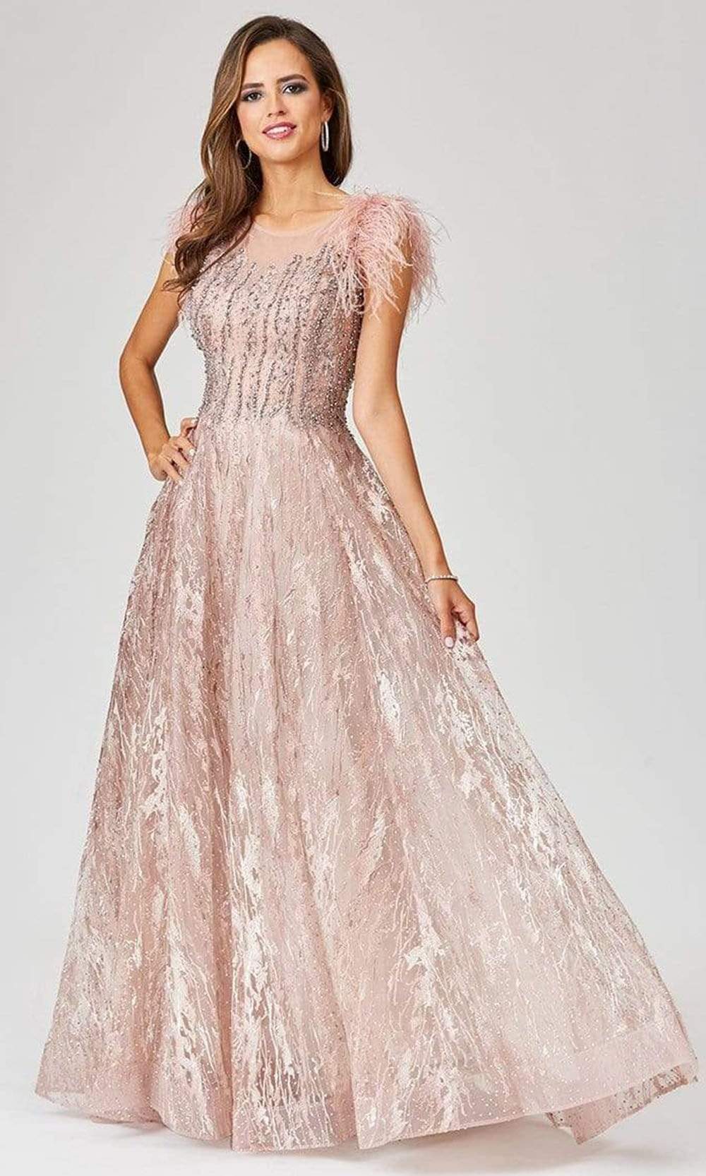 Lara Dresses - 29475 Feather-Fringed Cap Sleeve Embroidered Gown