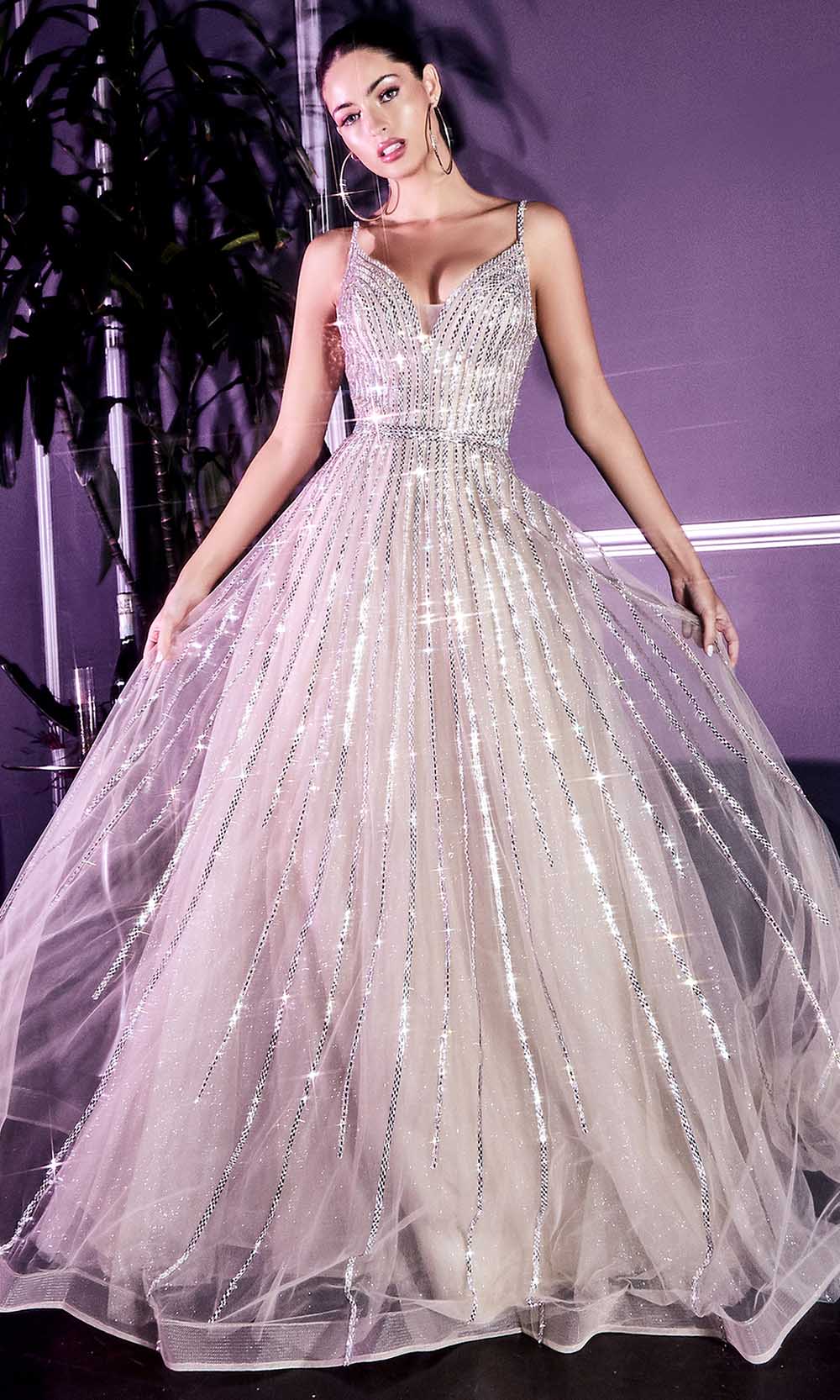 Cinderella Divine - CD940 Metallic Beaded V-Neck Junior Prom Long Gown