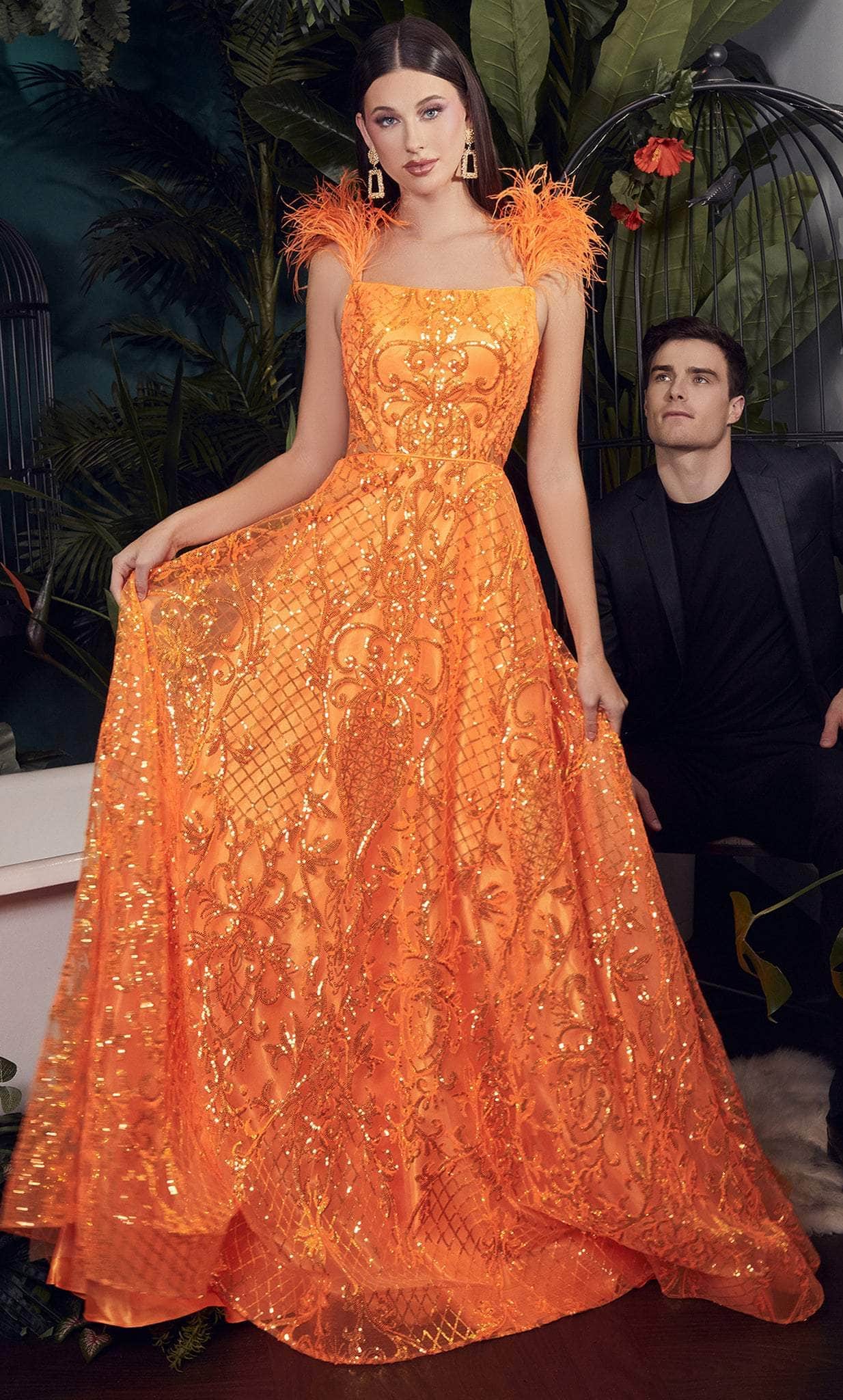 Cinderella Divine KV1076 - A-Line with Feathered Sleeveless Design Evening Dress