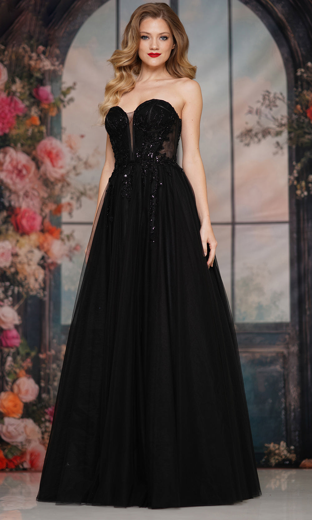 Colors Dress 3923 - Beaded Embroidered Plunging Sweetheart Gown