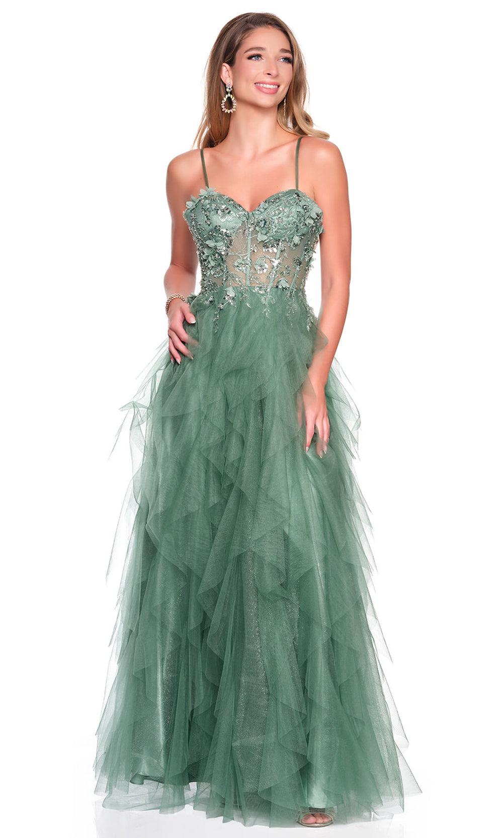 Dave & Johnny 12705 - Floral Applique Ruffled A-Line Gown