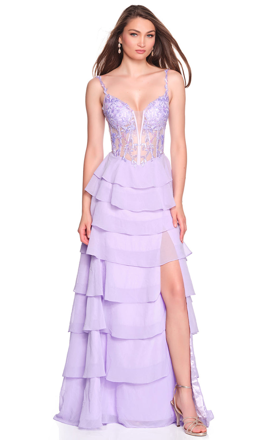 Dave & Johnny 12680 - Tiered Floral Embroidered Slit Gown