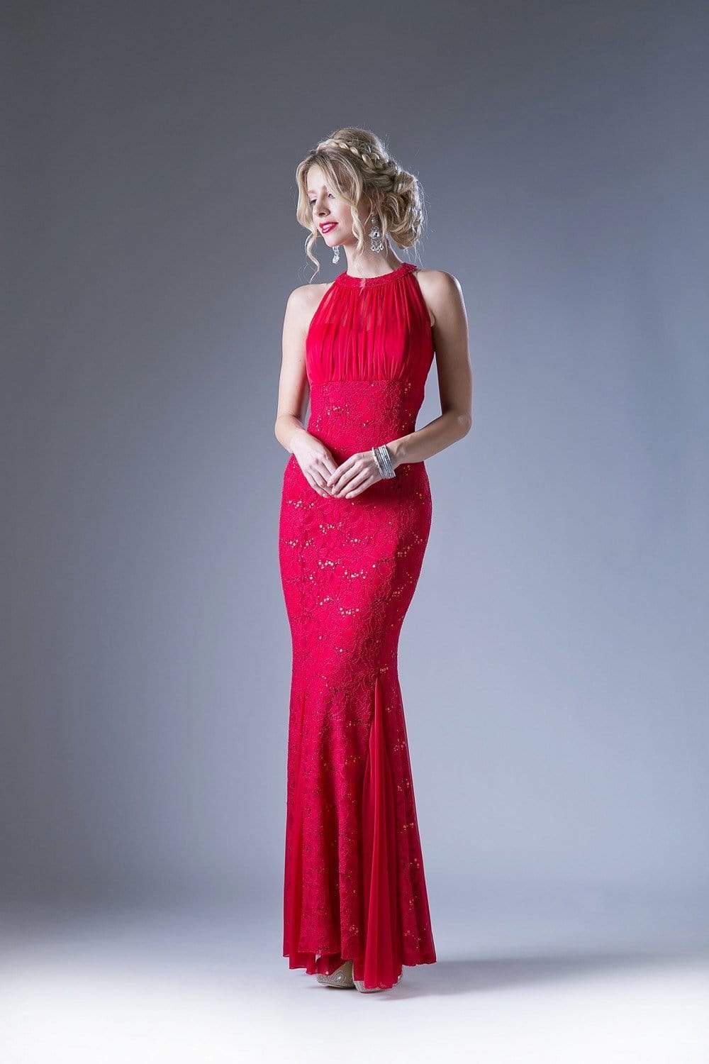 Cinderella Divine - Sleeveless Lace Illusion Halter Sheath Dress
