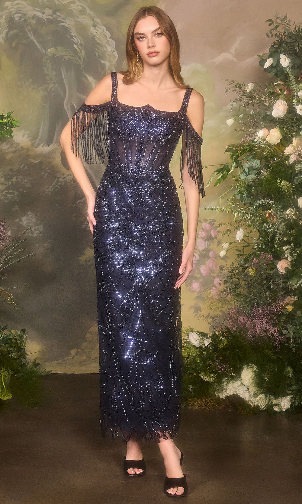Andrea and Leo A1511 - Art-Deco Beaded Cold Shoulder Dress